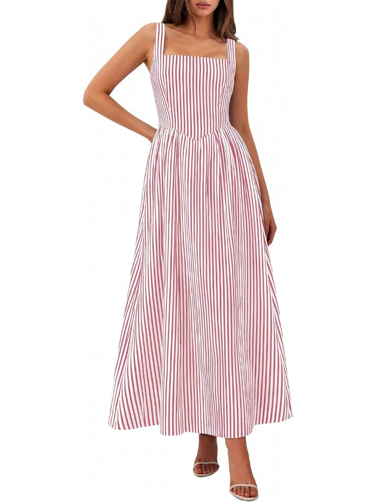 Women's Red Striped Sleeveless Square Neck Long Flowy A Line Maxi Dress